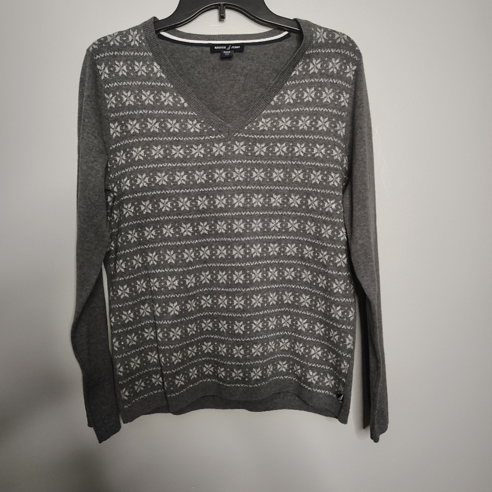 Nautica Jeans Gray Sparkle Snowflake Long Sleeve V Neck Sweater Women's Medium - Picture 4 of 10